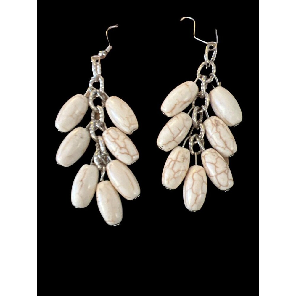 Silver Chain Drop Dangle Earrings with Off White Marbled Beads 3 in